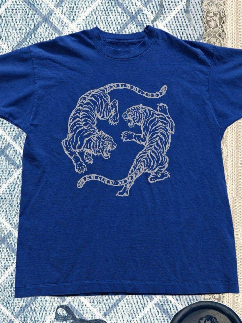 Blue Graphic Tee with Twin Tiger Design